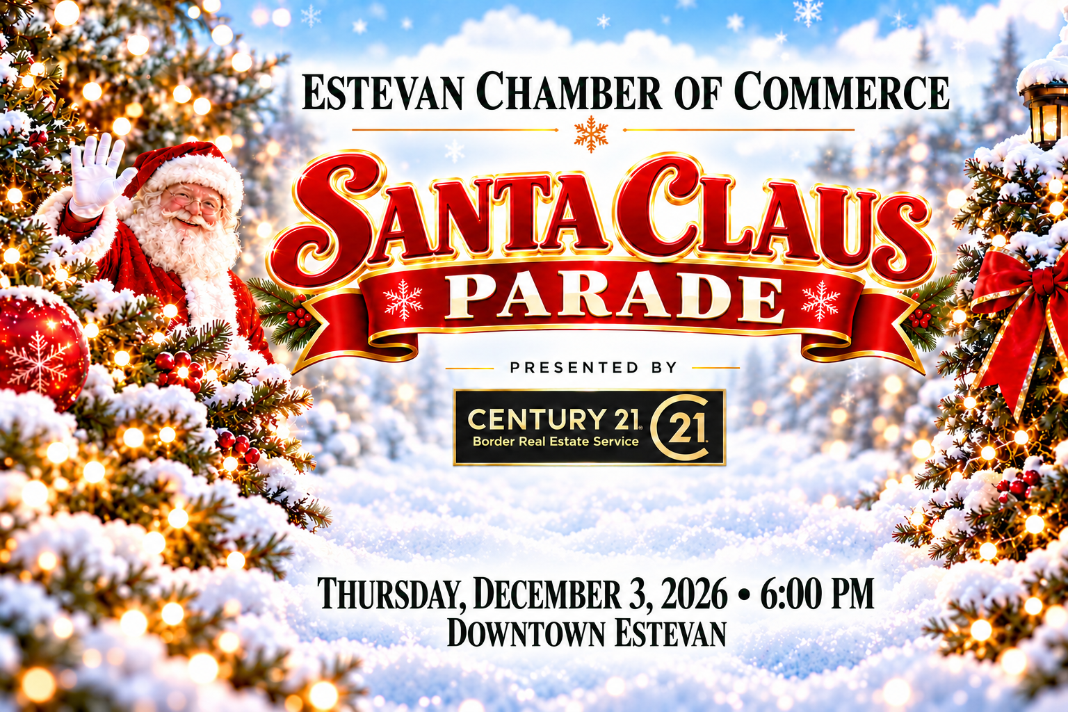 Estevan Chamber of Commerce Santa Claus Parade, presented by Century 21 Border Real Estate Service, Thursday, December 3, 2026 at 6:00 PM, Downtown Estevan