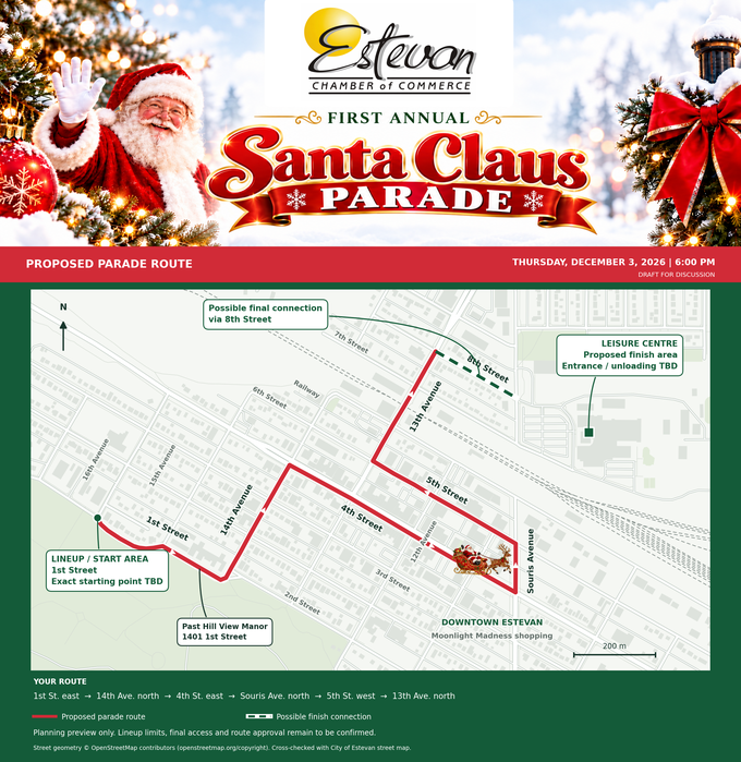 Christmas parade proposed route map: 1st Street, 14th Avenue, 4th Street, Souris Avenue, 5th Street and 13th Avenue, with a possible 8th Street connection toward the Leisure Centre. Lineup and final access are to be confirmed.